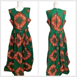 Mae Otti Women's Long Dress Bold Green African Print Cotton XXL Pockets New